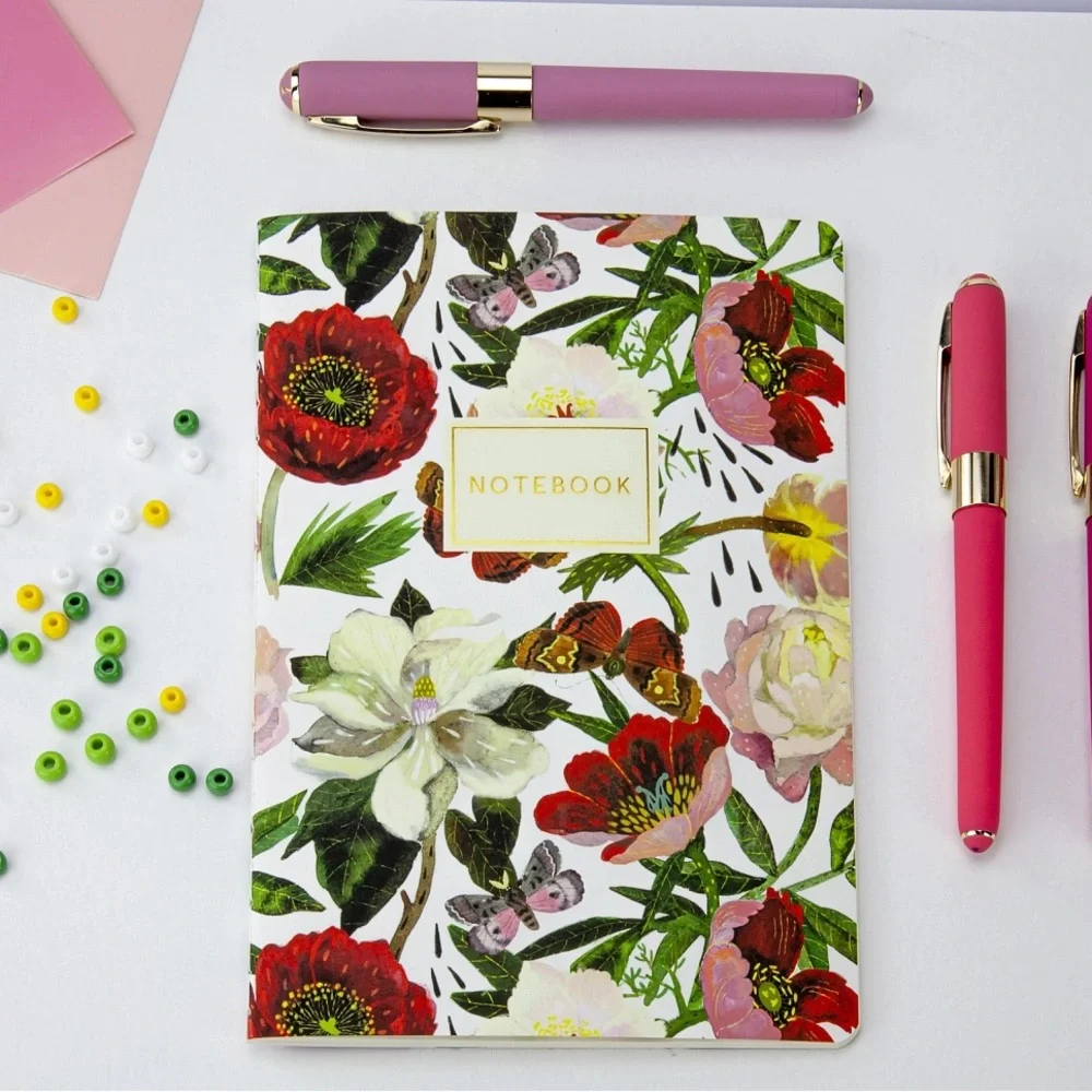 Soft Touch Lined Notebook in gorgeous red florals with gold foil detail A5 Size